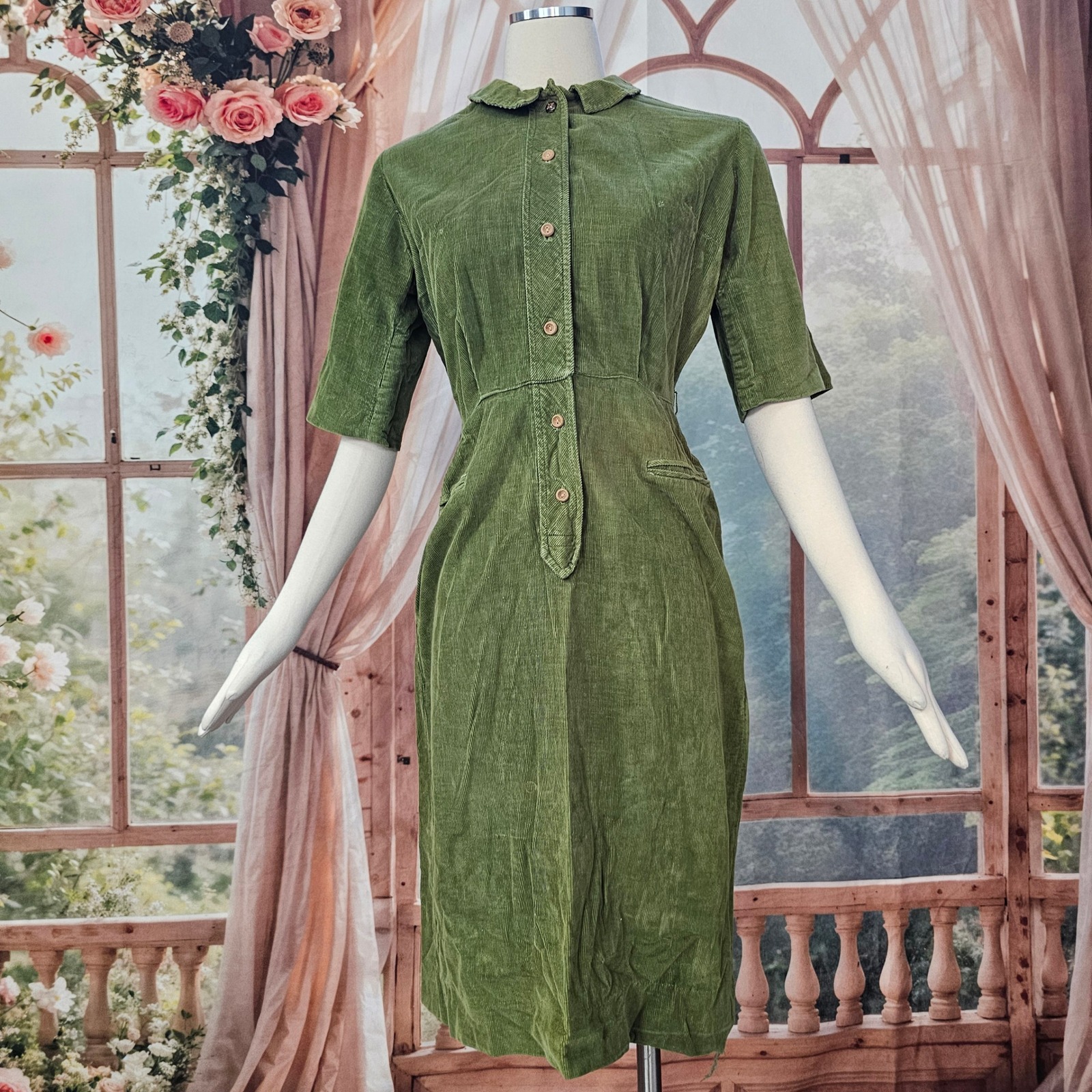 Vintage 1950s Olive Green Corduroy Dress Peter Pan Collar Button Betty Winston